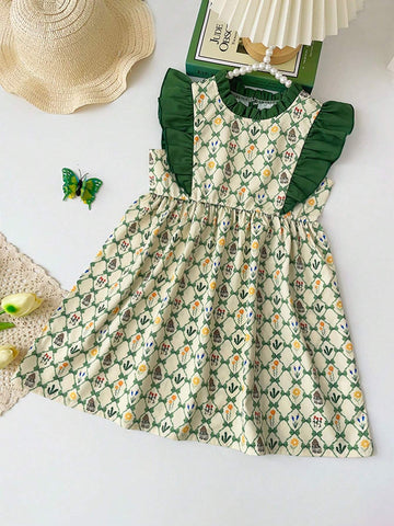 Young Girl Rabbit Floral Spaghetti Strap Dress With Ruffle Hem, Summer