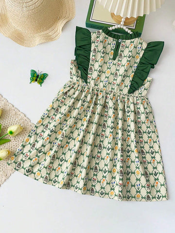 Young Girl Rabbit Floral Spaghetti Strap Dress With Ruffle Hem, Summer