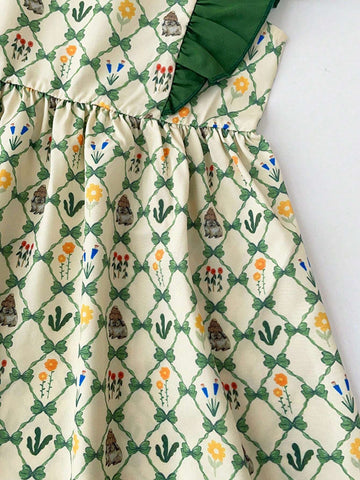 Young Girl Rabbit Floral Spaghetti Strap Dress With Ruffle Hem, Summer