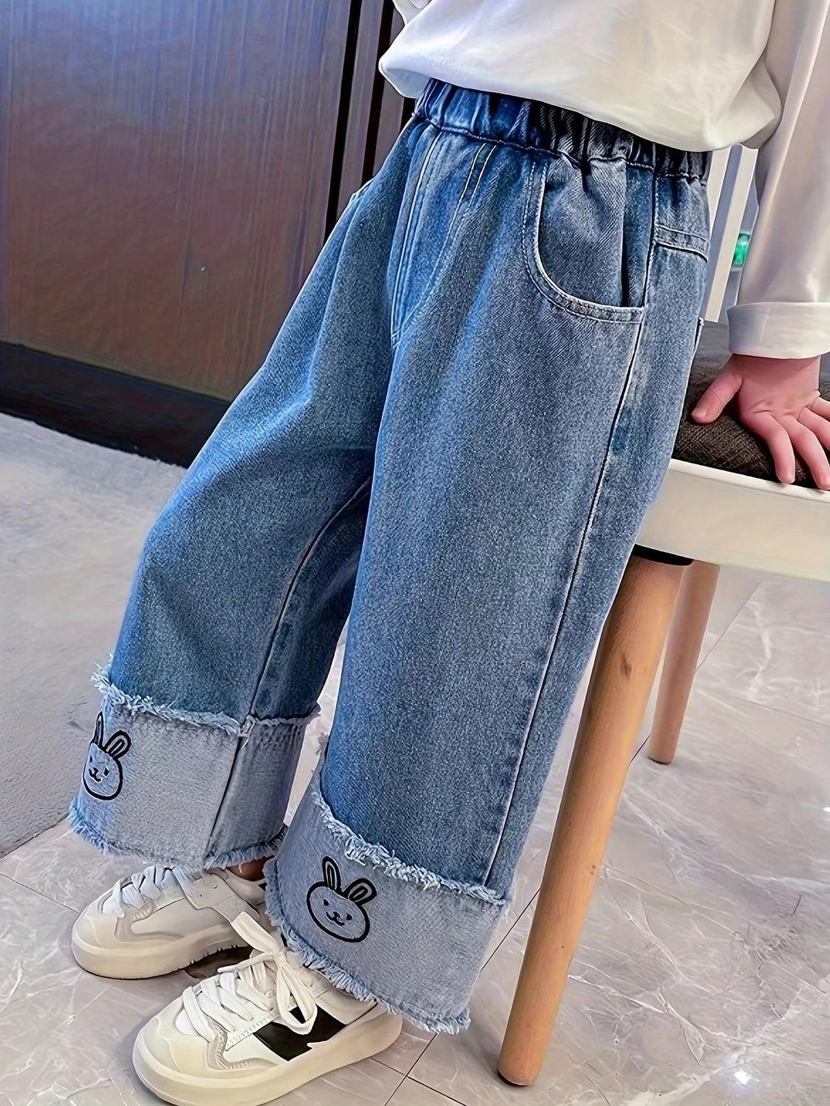 Young Girl Rabbit Print Elastic Waist Pocket Fringe Flare Pants