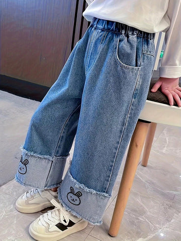 Young Girl Rabbit Print Elastic Waist Pocket Fringe Flare Pants