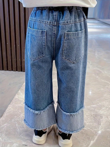 Young Girl Rabbit Print Elastic Waist Pocket Fringe Flare Pants