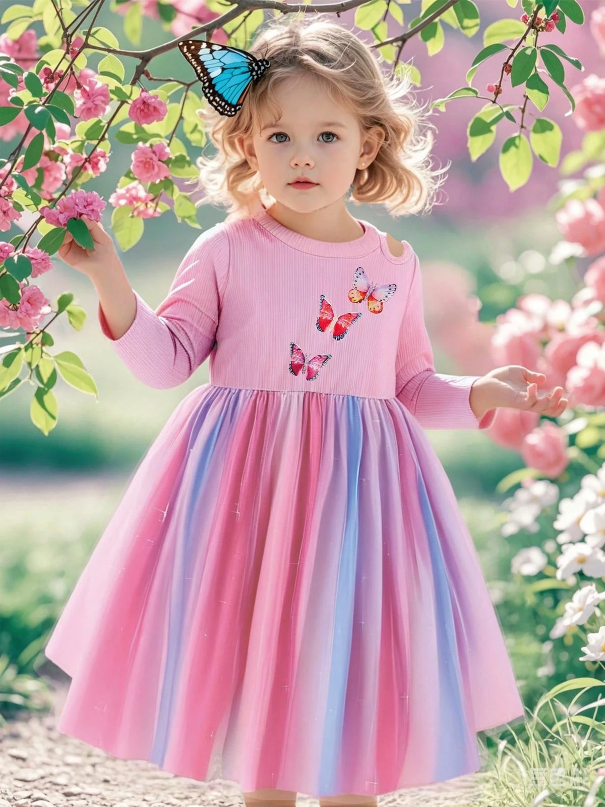 Young Girl Rainbow Butterfly Mesh Hollow Shoulder Round Neck Long Sleeve Dress