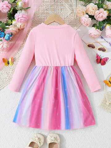 Young Girl Rainbow Butterfly Mesh Hollow Shoulder Round Neck Long Sleeve Dress