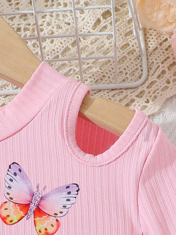Young Girl Rainbow Butterfly Mesh Hollow Shoulder Round Neck Long Sleeve Dress