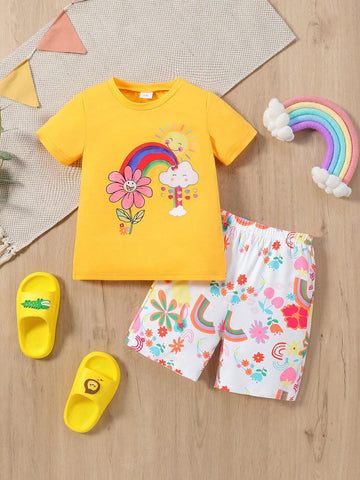 Young Girl Rainbow Cute Flower Sun Cloud Heat Pressed Short Sleeve Top + Allover Print Shorts Set, Summer