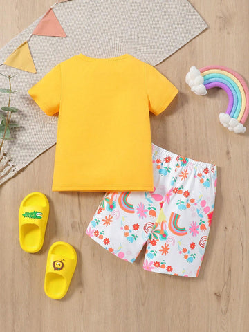 Young Girl Rainbow Cute Flower Sun Cloud Heat Pressed Short Sleeve Top + Allover Print Shorts Set, Summer