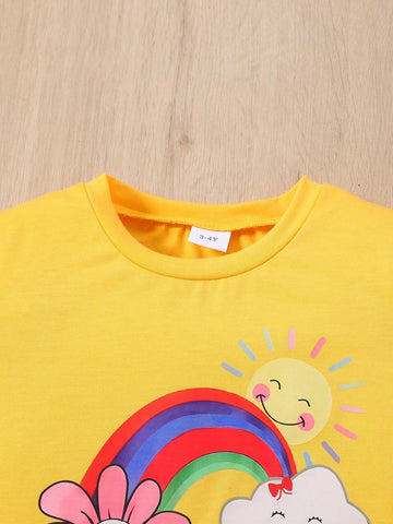 Young Girl Rainbow Cute Flower Sun Cloud Heat Pressed Short Sleeve Top + Allover Print Shorts Set, Summer