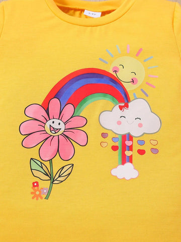 Young Girl Rainbow Cute Flower Sun Cloud Heat Pressed Short Sleeve Top + Allover Print Shorts Set, Summer