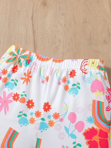 Young Girl Rainbow Cute Flower Sun Cloud Heat Pressed Short Sleeve Top + Allover Print Shorts Set, Summer