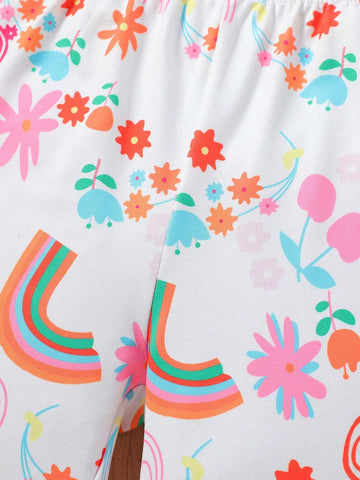 Young Girl Rainbow Cute Flower Sun Cloud Heat Pressed Short Sleeve Top + Allover Print Shorts Set, Summer