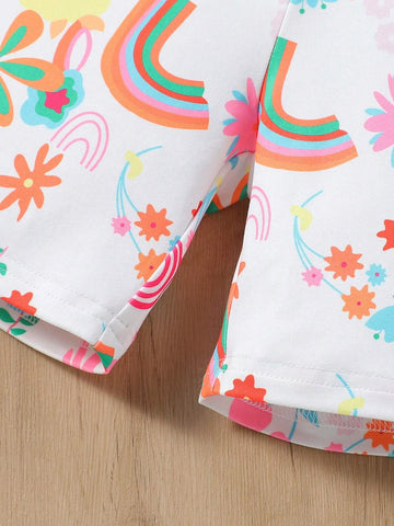 Young Girl Rainbow Cute Flower Sun Cloud Heat Pressed Short Sleeve Top + Allover Print Shorts Set, Summer
