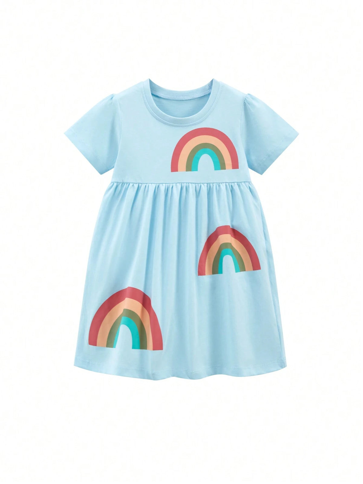 Young Girl Rainbow Print Comfortable Short Sleeve Crew Neck Smock Dress For Summer