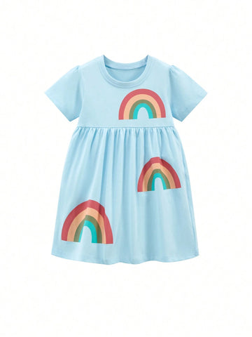 Young Girl Rainbow Print Comfortable Short Sleeve Crew Neck Smock Dress For Summer