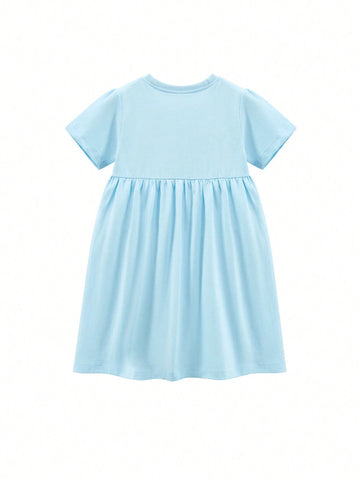 Young Girl Rainbow Print Comfortable Short Sleeve Crew Neck Smock Dress For Summer