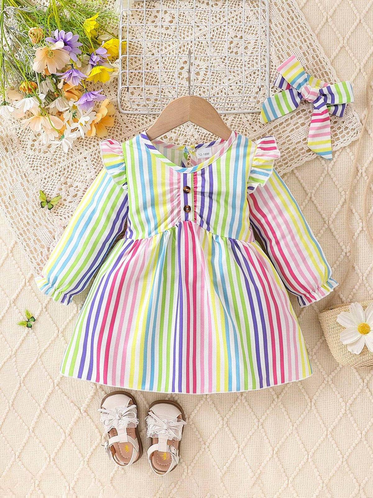Young Girl Rainbow Striped Cap Sleeve Cute Dress + Headband Set