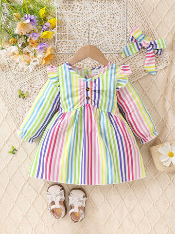 Young Girl Rainbow Striped Cap Sleeve Cute Dress + Headband Set