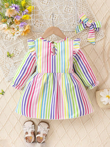 Young Girl Rainbow Striped Cap Sleeve Cute Dress + Headband Set