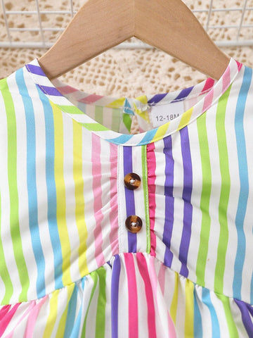 Young Girl Rainbow Striped Cap Sleeve Cute Dress + Headband Set
