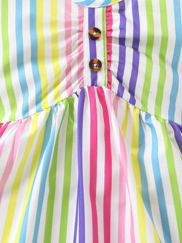 Young Girl Rainbow Striped Cap Sleeve Cute Dress + Headband Set