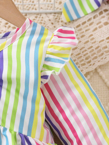 Young Girl Rainbow Striped Cap Sleeve Cute Dress + Headband Set