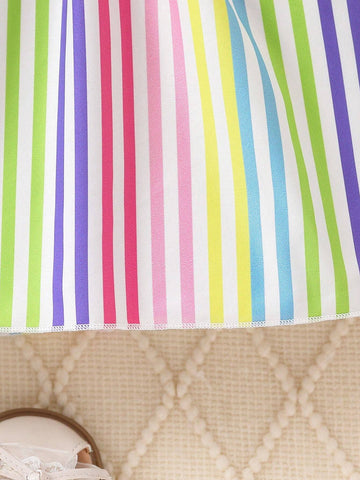 Young Girl Rainbow Striped Cap Sleeve Cute Dress + Headband Set