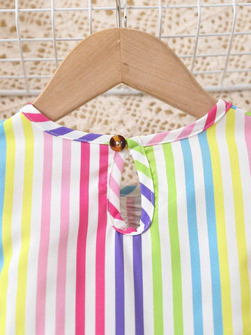 Young Girl Rainbow Striped Cap Sleeve Cute Dress + Headband Set