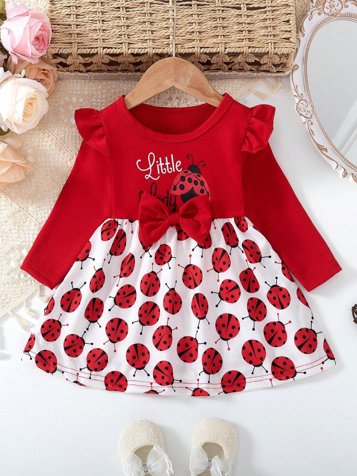 Young Girl' Red Cap Sleeve Round Neck Seven-Spot Ladybug Print Dress