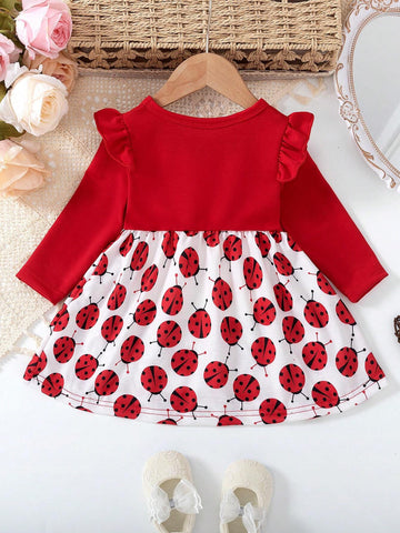 Young Girl' Red Cap Sleeve Round Neck Seven-Spot Ladybug Print Dress