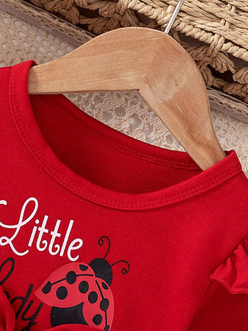 Young Girl' Red Cap Sleeve Round Neck Seven-Spot Ladybug Print Dress