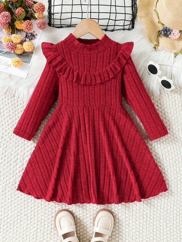 Young Girl Red Casual Ribbed Knit Long Sleeve Dress For Spring & Autumn