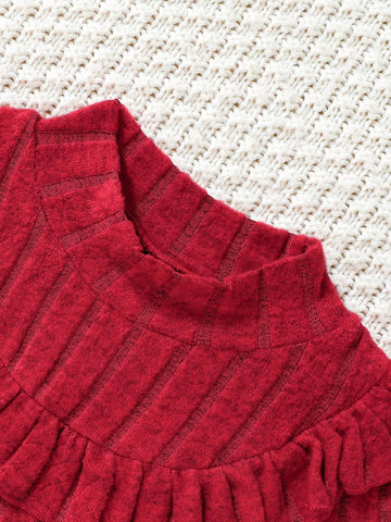 Young Girl Red Casual Ribbed Knit Long Sleeve Dress For Spring & Autumn