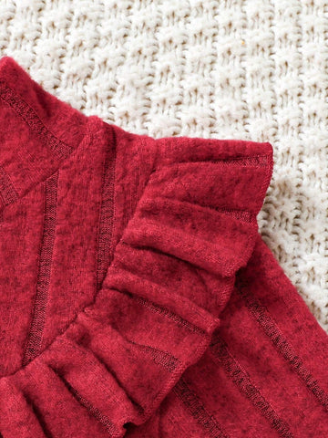 Young Girl Red Casual Ribbed Knit Long Sleeve Dress For Spring & Autumn
