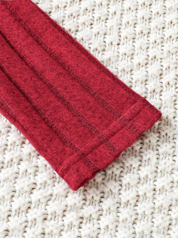 Young Girl Red Casual Ribbed Knit Long Sleeve Dress For Spring & Autumn