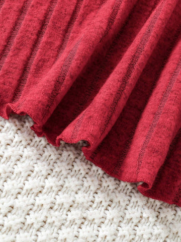 Young Girl Red Casual Ribbed Knit Long Sleeve Dress For Spring & Autumn