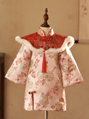 Young Girl Red Jacquard Patchwork Fluffy Trim Dress, New Year Outfit