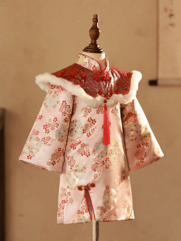 Young Girl Red Jacquard Patchwork Fluffy Trim Dress, New Year Outfit