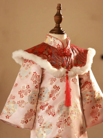 Young Girl Red Jacquard Patchwork Fluffy Trim Dress, New Year Outfit