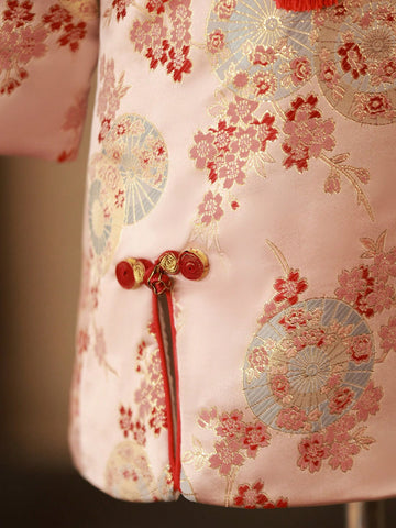 Young Girl Red Jacquard Patchwork Fluffy Trim Dress, New Year Outfit