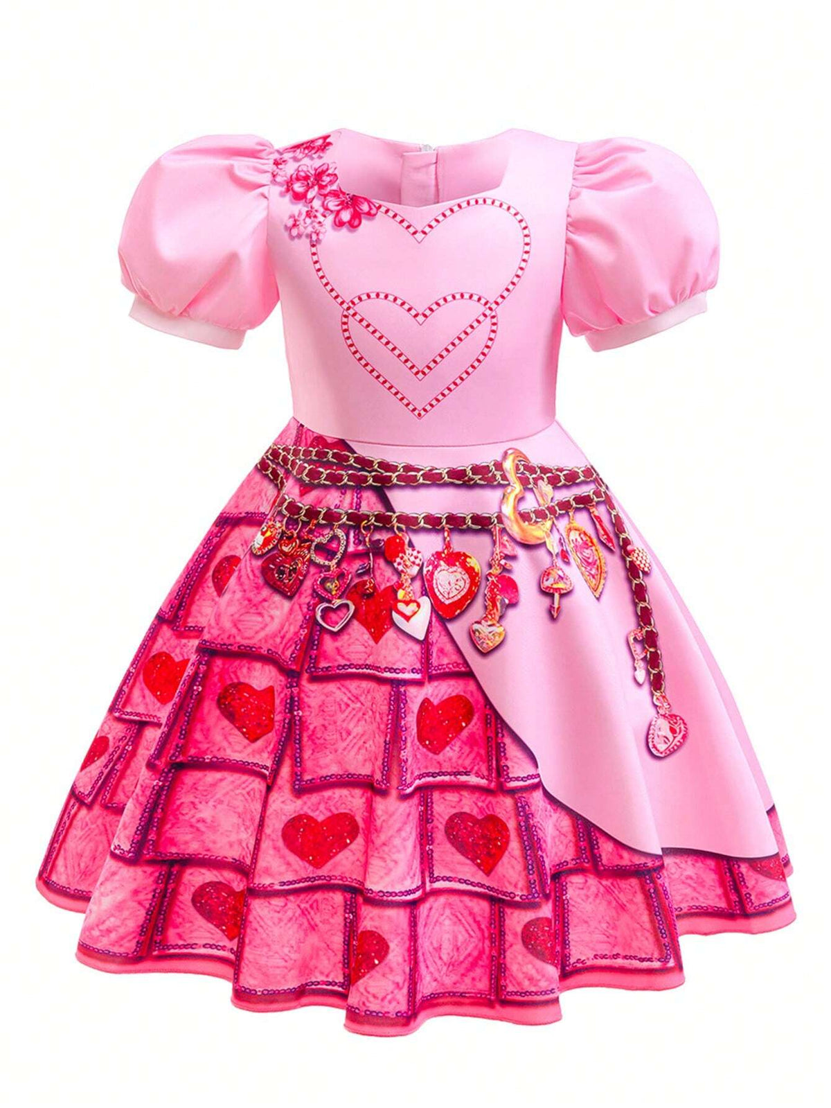 Young Girl Red Queen Princess Dress, Pink Round Neck Short Sleeve Costume, Suitable For Role Play Party And Performance