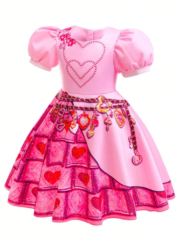 Young Girl Red Queen Princess Dress, Pink Round Neck Short Sleeve Costume, Suitable For Role Play Party And Performance