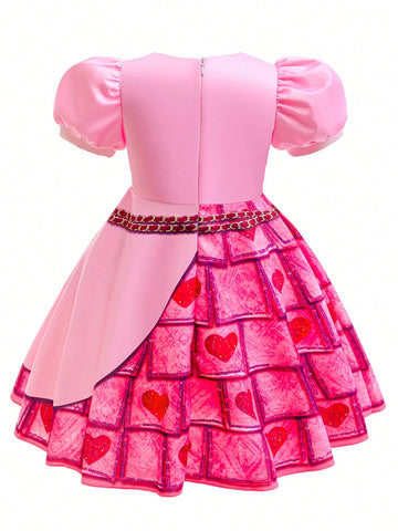 Young Girl Red Queen Princess Dress, Pink Round Neck Short Sleeve Costume, Suitable For Role Play Party And Performance