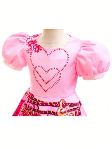 Young Girl Red Queen Princess Dress, Pink Round Neck Short Sleeve Costume, Suitable For Role Play Party And Performance
