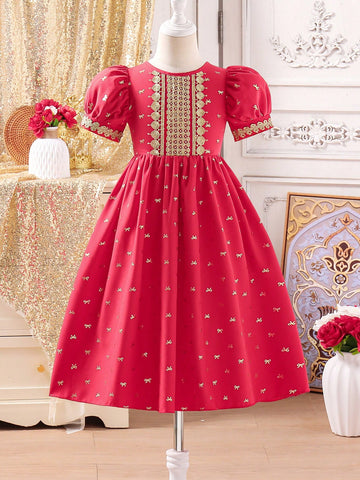 Young Girl Red Short Sleeve Patchwork Applique Princess Puff Sleeve Dress