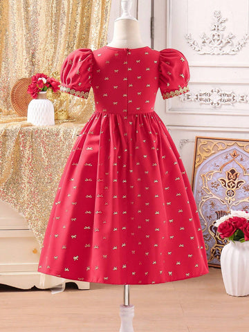 Young Girl Red Short Sleeve Patchwork Applique Princess Puff Sleeve Dress