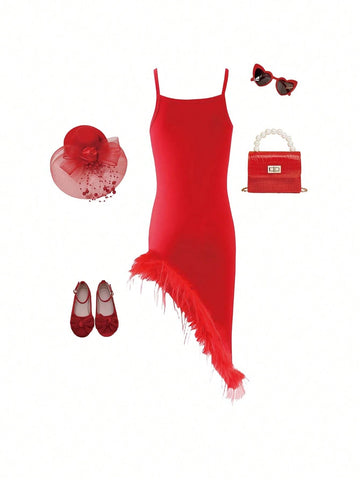 Young Girl Red Spaghetti Strap Cable Fringe Detail Dress Suitable For Romantic Elegance