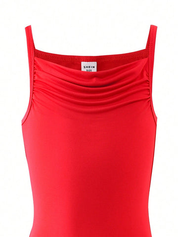 Young Girl Red Spaghetti Strap Cable Fringe Detail Dress Suitable For Romantic Elegance