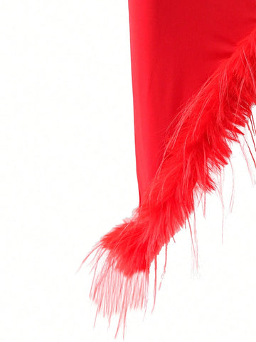 Young Girl Red Spaghetti Strap Cable Fringe Detail Dress Suitable For Romantic Elegance