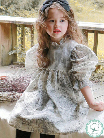 Young Girl Retro Literary Landscape Painting Contrast Lace Flare Sleeve Dress