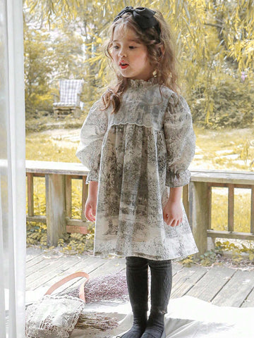 Young Girl Retro Literary Landscape Painting Contrast Lace Flare Sleeve Dress